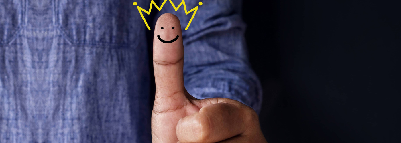 Services Rating for Satisfaction presented by Thumb of Client with Crown and Smiley Face icon